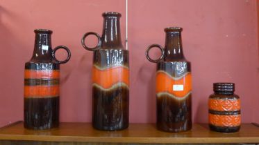 Four West German brown and orange glazed pottery vases