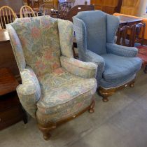 A pair of early 20th Century Queen Anne style walnut and fabric upholstered wingback armchairs