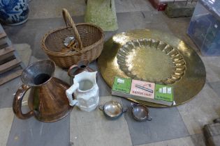 An Indian brass charger and other metalware, etc.