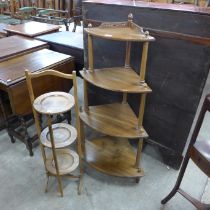 A Victorian style hardwood corner whatnot and a three tier folding cake stand