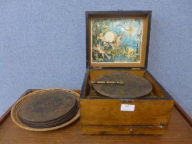 A 19th Century Swiss walnut cased Polyphon music box, with additional discs