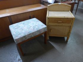 A G-Plan teak stool and a bamboo and rattan bedside table