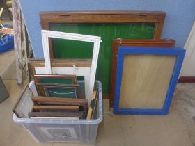 Three display cases and various assorted picture frames