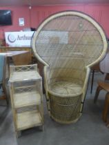 A bamboo peacock chair and a two tier whatnot