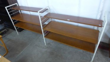 A Staples teak and white metal two bay Ladderax bookcase