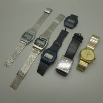 Six wristwatches; Emporio Armani, Citizen quartz, two LCD Melody Alarm and two asio LCD