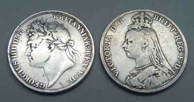 A George IIII silver crown, 1822, tertio edge, and an 1889 Victorian crown