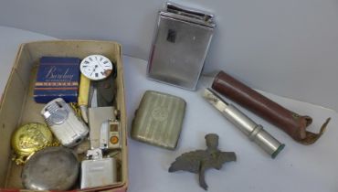 A box of assorted items; cigarette lighters, cigarette case, pocket watch, etc.