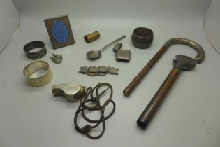 A collection of silver and some plated items, napkin rings, umbrella handles, etc.