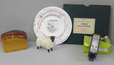 A Beswick ram, chip on horn and legs shortened, a Hovis style money bank, a Boots Speedtron III