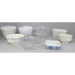 A collection of glass and ceramic early 20th Century jelly/blancmange moulds and a glass dish **