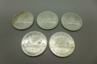 Five silver Canadian dollar coins, all 1966, 117g