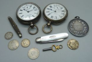 Two silver pocket watches, one Birmingham 1892 with Waltham movement, a large silver football fob,