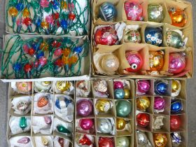 A collection of forty-nine vintage Christmas baubles, two sets of vintage Christmas lights and