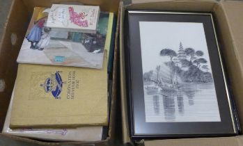 Two boxes of assorted books including Japanese art and calligraphy and two framed drawings **