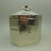A silver tea caddy with stag crest, Chester 1905, 135g