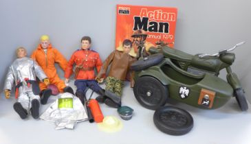 Four Action Man figures, motorbike and side car and an annual