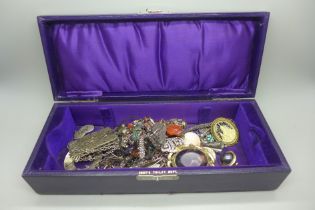 A jewellery box containing costume jewellery including paste set