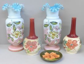 A pair of opaline glass vases, a pair of stoneware bottle vases, one a/f and a Moorcroft pin
