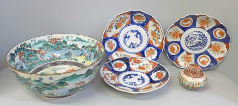 Three Imari dishes, one with chip to rim, a large Chinese bowl, damaged and restored and a pot