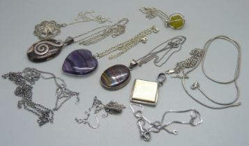 Seven silver chains, three silver pendants on silver chains, a hardstone heart pendant on plated