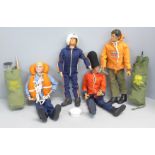 Four vintage Action Man figures and two kit bags