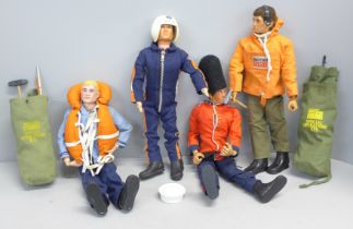 Four vintage Action Man figures and two kit bags