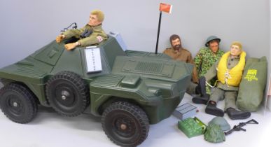 Four vintage Action Man figures and a kit bag and vehicle