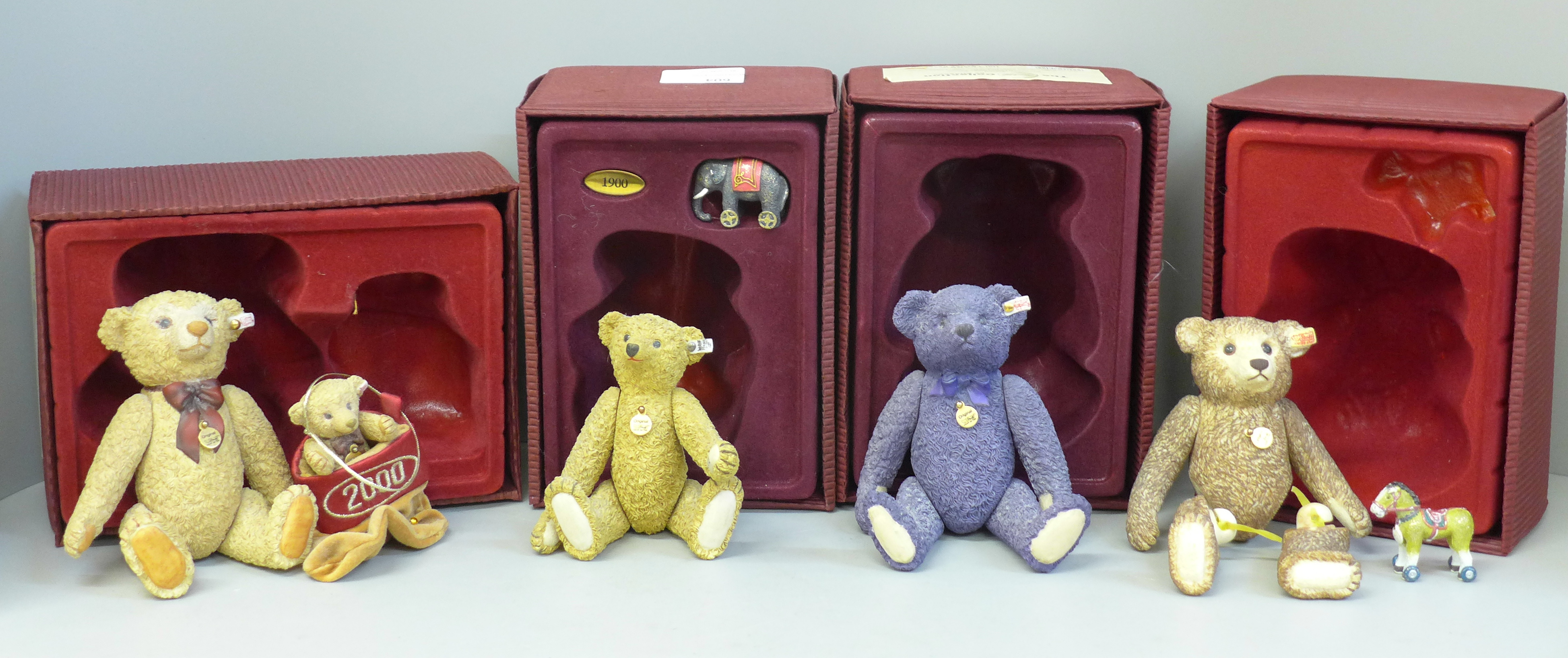 Four Steiff porcelain Teddy bears, Lavender, 1904 Barle, Brown Tipped (legs loose) and Millennium,