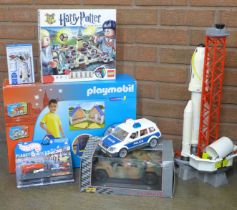A Playmobile City Life, Harry Potter Lego, boxed, Hot Wheels, Police Car, Playmobile rocket, a