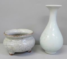 A Chinese Celadon vase, rim a/f, 11.3cm and a Chinese crackle glaze three footed pot