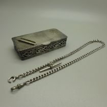 An Albert chain, with silver T-bar and stamp box