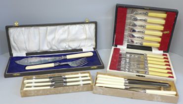 A collection of plated, bone handled cutlery, fish knives withi silver collars