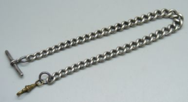 A silver Albert watch chain and T-bar, with base metal clip and end link, 62g, T bar a/f misshapen