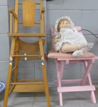 A porcelain doll, chair and metamorphic high chair **PLEASE NOTE THIS LOT IS NOT ELIGIBLE FOR