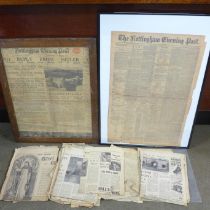 A collection of old newspapers, including framed The Nottingham Evening Post, Wednesday May 1