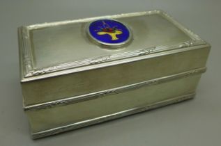 A Goldsmiths and Silversmiths heavy silver box, London 1923, decorated with enamel fruit basket to