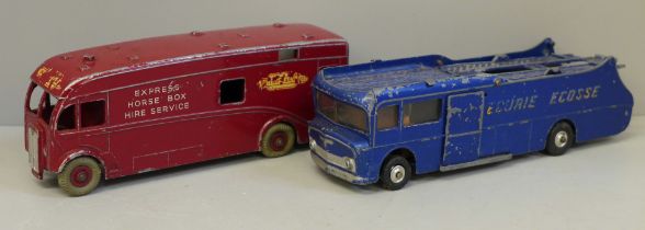 A Corgi Racing Car Transporter and a Dinky Express Horse Box Hire Service vehicle, playworn