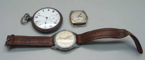 A silver cushion cased wristwatch, a gun metal pocket watch and a Bentima Star wristwatch