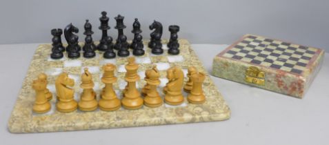 An onyx chess set and one other onyx chess board and wooden chess pieces (complete)