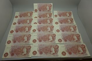 Sixteen 10 Shillings bank notes