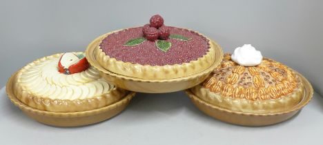 Three large Portuguese pie/flan lidded dishes, blackberries, apple and date and walnut **PLEASE NOTE