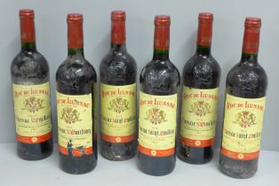 Six bottles of Roc de Lussac, 2010, Lussac Saint-Emillion, Grand Vin de Bordeaux (cellar stored) **