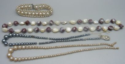Two faux pearl necklaces, a/f, a faux pearl bracelet and a string of real pearls and beads with