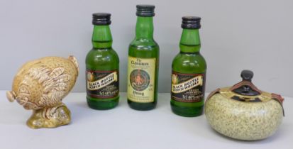 A Beswick Haggis whisky decanter, a Beneagles curling stone whisky decanter and three miniature