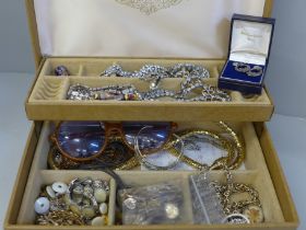 A jewellery box with costume jewellery including 6g of scrap 9ct gold (in silver cabinet)