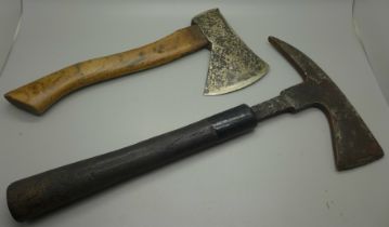 A WWII German foot soldier's axe and a British rescue axe