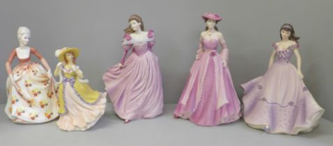 Four Coalport figures of ladies, Summer Breeze, Evening Promendade, Lavender Walk, Denise, (hairline