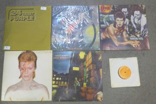 A collection of LP records including David Bowie Ziggy Stardust 1972 first pressing, David Bowie