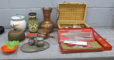 Two boxes, haberdashery and knitting needles, West German vase, Past Times compact, copper